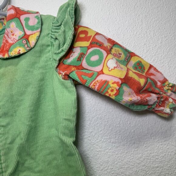 Sears Girl 6 Months Green 70s Corduroy Jumper Overalls Vintage Butterfly Clown - Picture 3 of 8